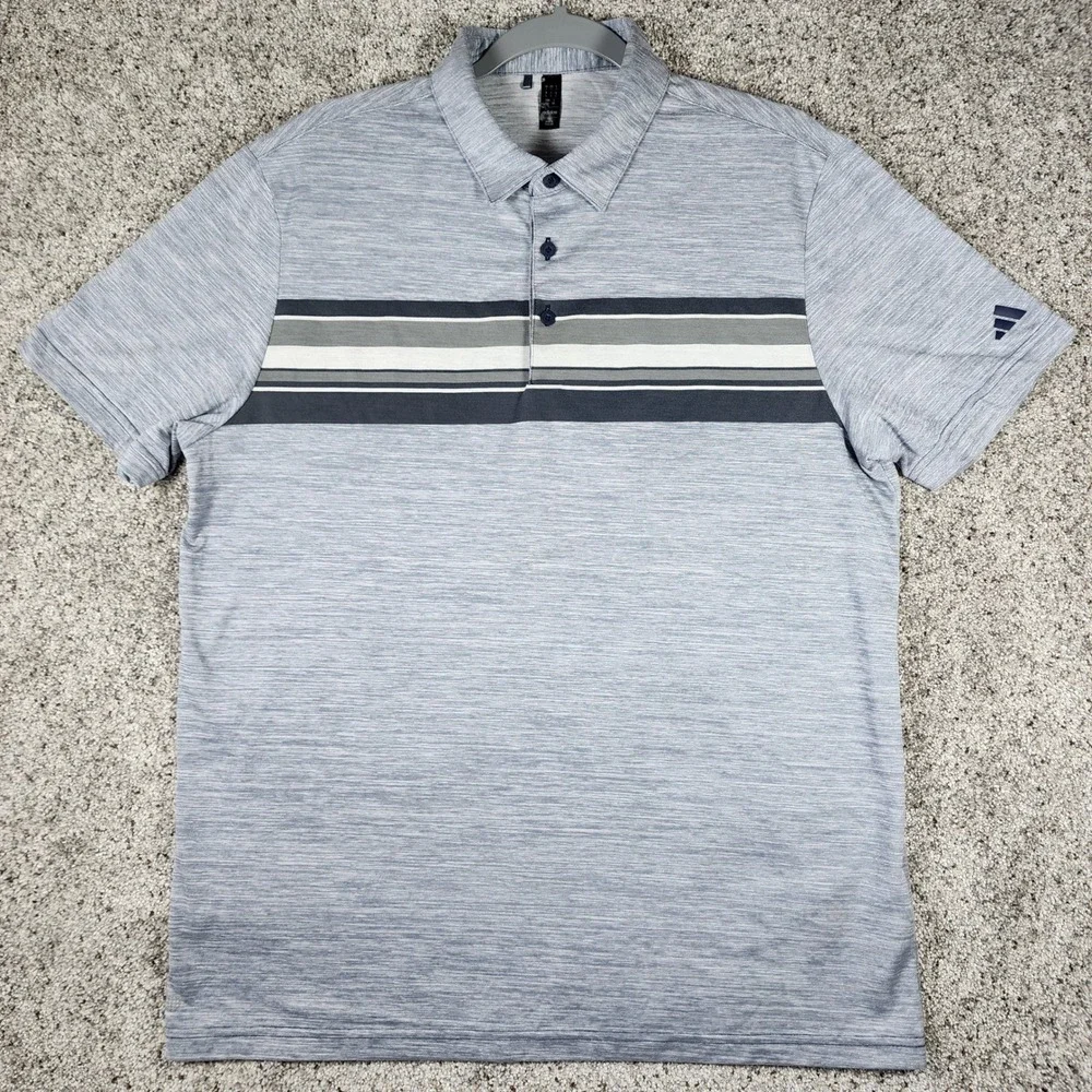 Adidas Polo Shirt Mens L Blue Space Dye Chest Stripe Golf Top Excellent